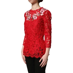 Red Lace Floral Embroidery Long Sleeves Top