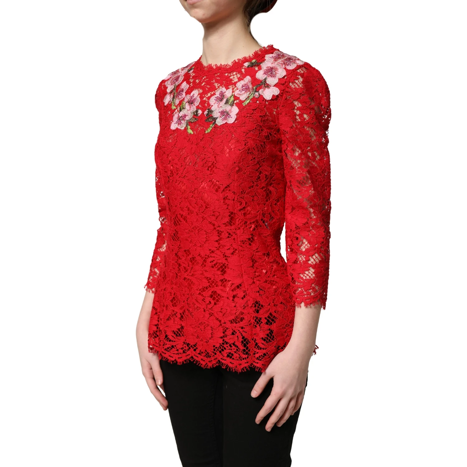 Red Lace Floral Embroidery Long Sleeves Top