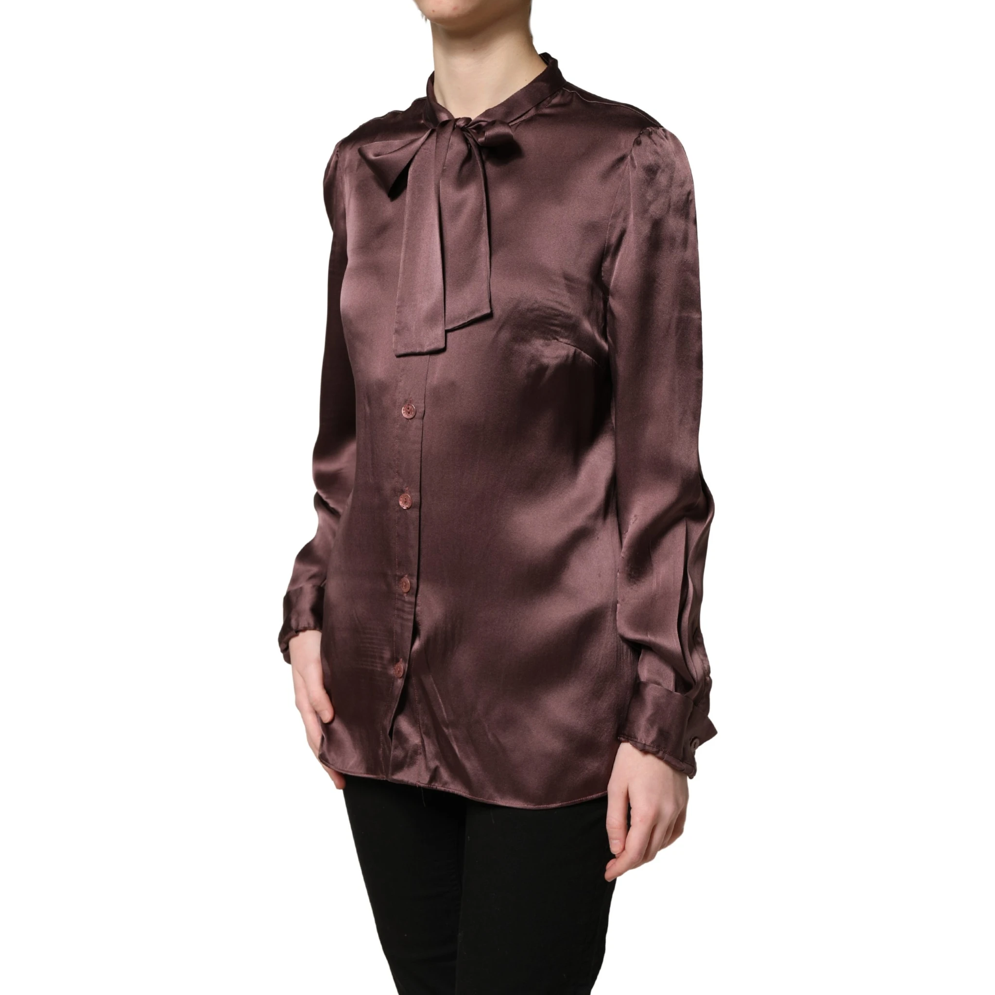 Violet Satin Long Sleeve Ascot Tie Shirt Top