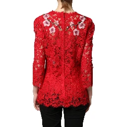 Red Lace Floral Embroidery Long Sleeves Top