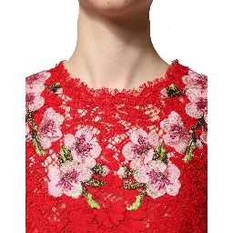 Red Lace Floral Embroidery Long Sleeves Top