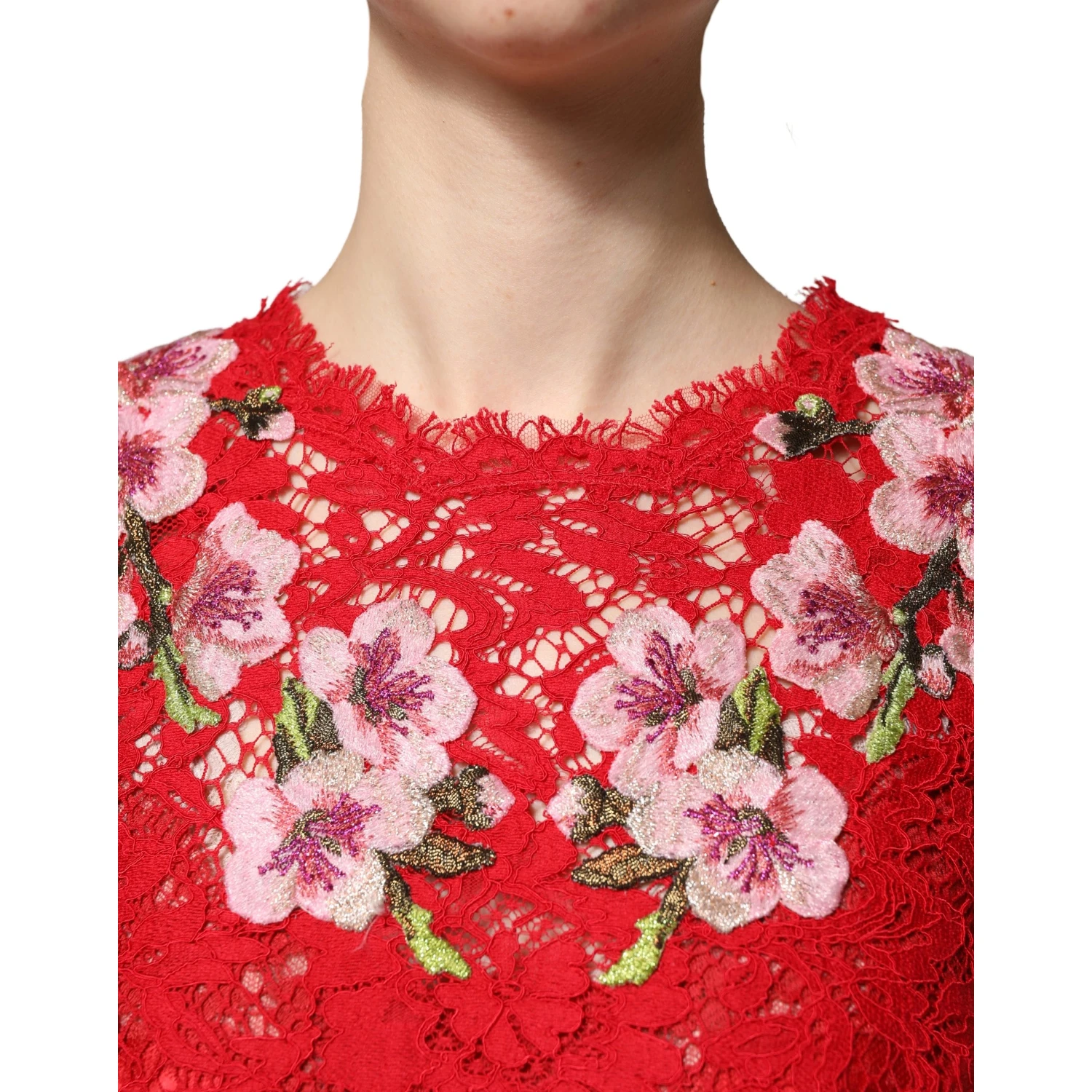 Red Lace Floral Embroidery Long Sleeves Top