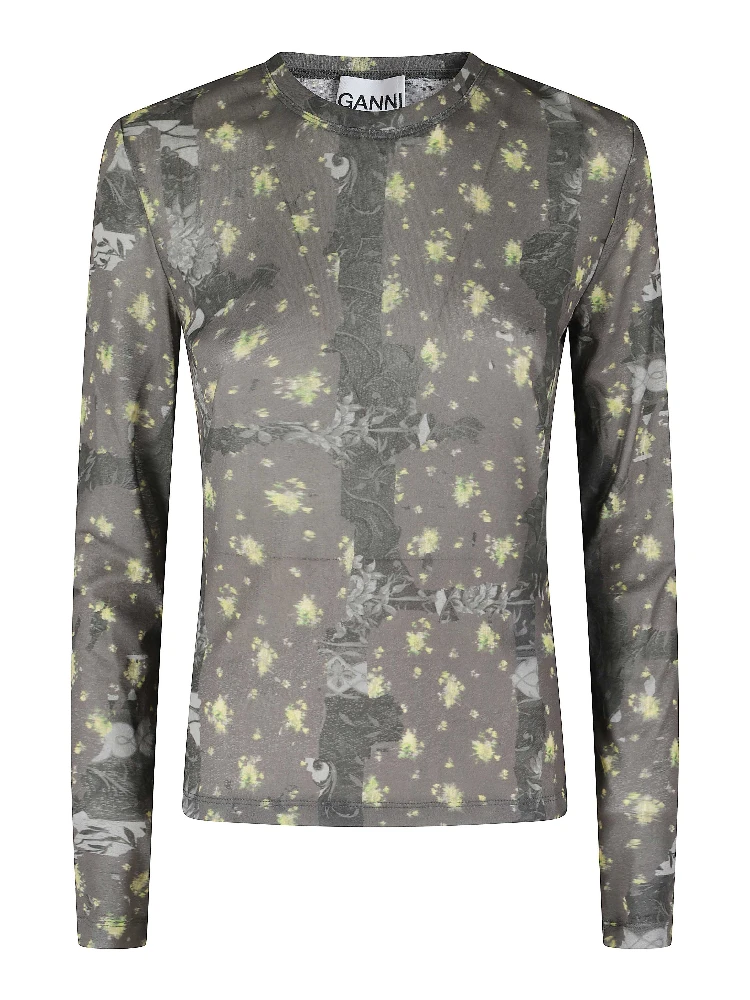PRINTED MARL MESH LONG SLEEVE TOP