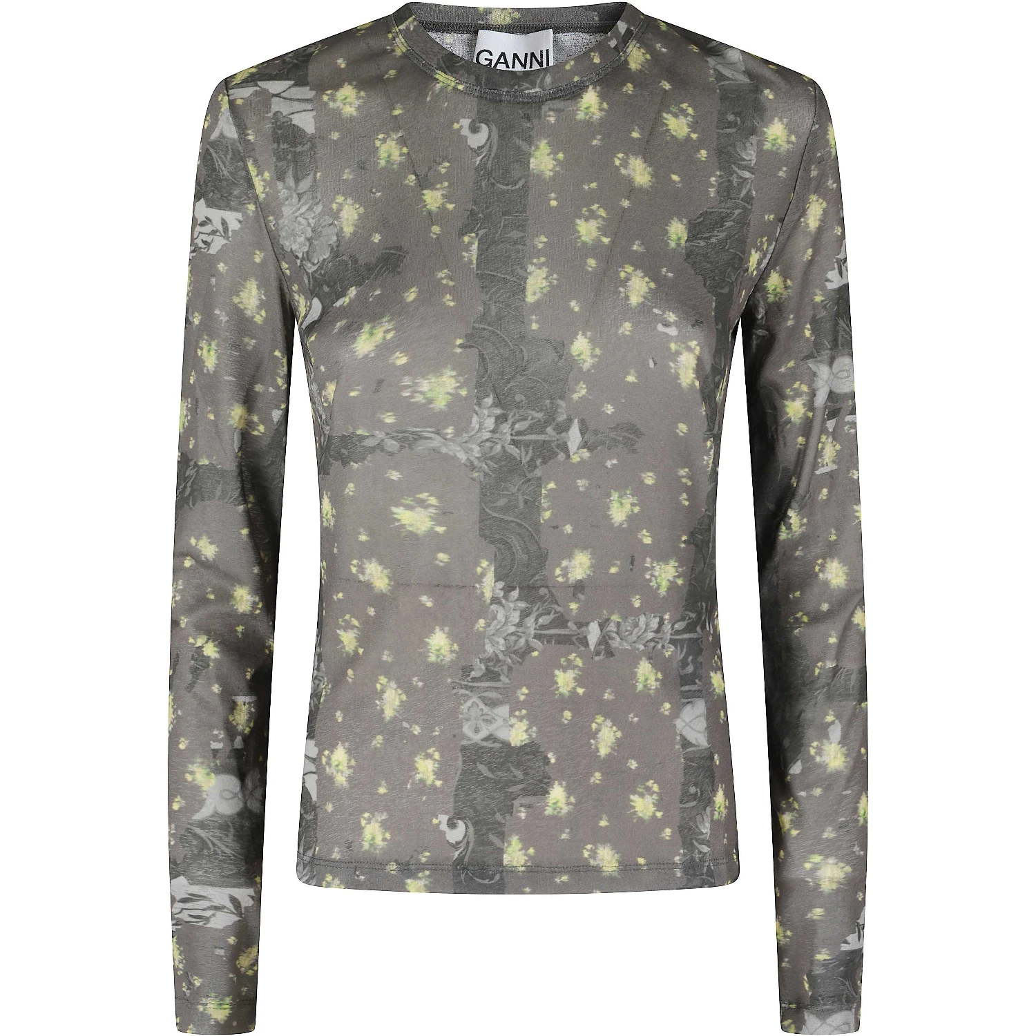 PRINTED MARL MESH LONG SLEEVE TOP