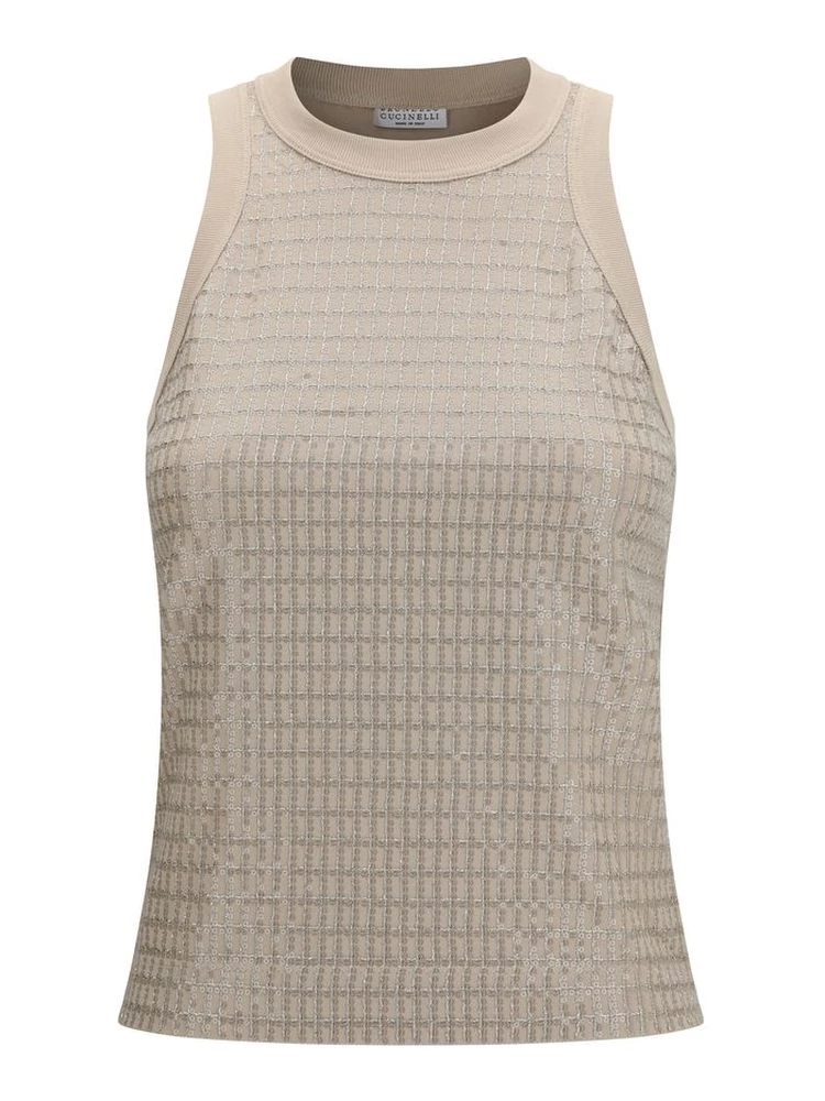 Beige Cotton Sleeveles T-Shirt