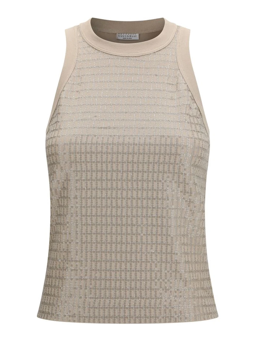 Beige Cotton Sleeveles T-Shirt
