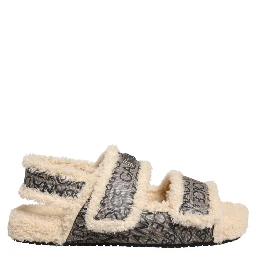 Beige Faux Fur Logo Print Flats Sandals Shoes