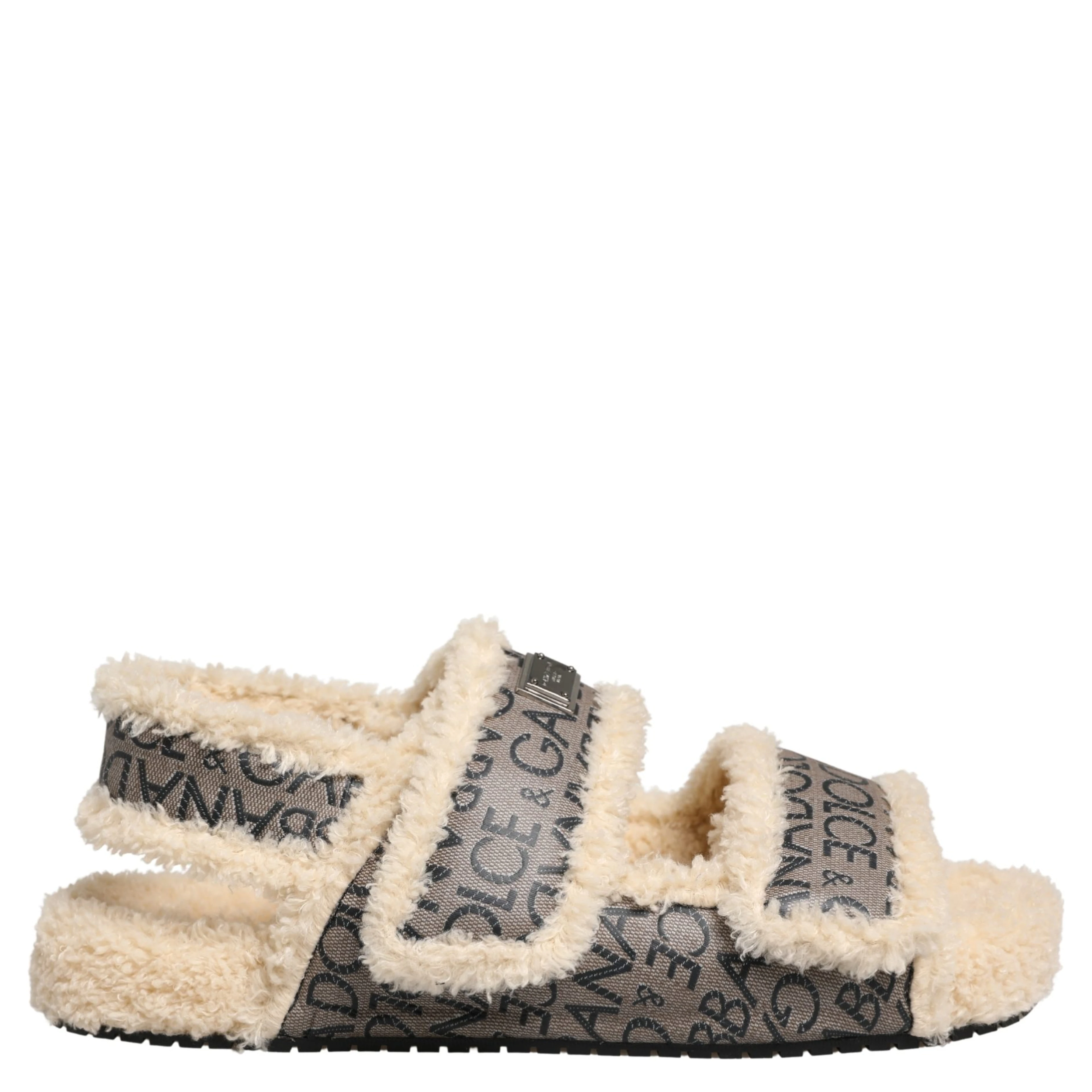 Beige Faux Fur Logo Print Flats Sandals Shoes