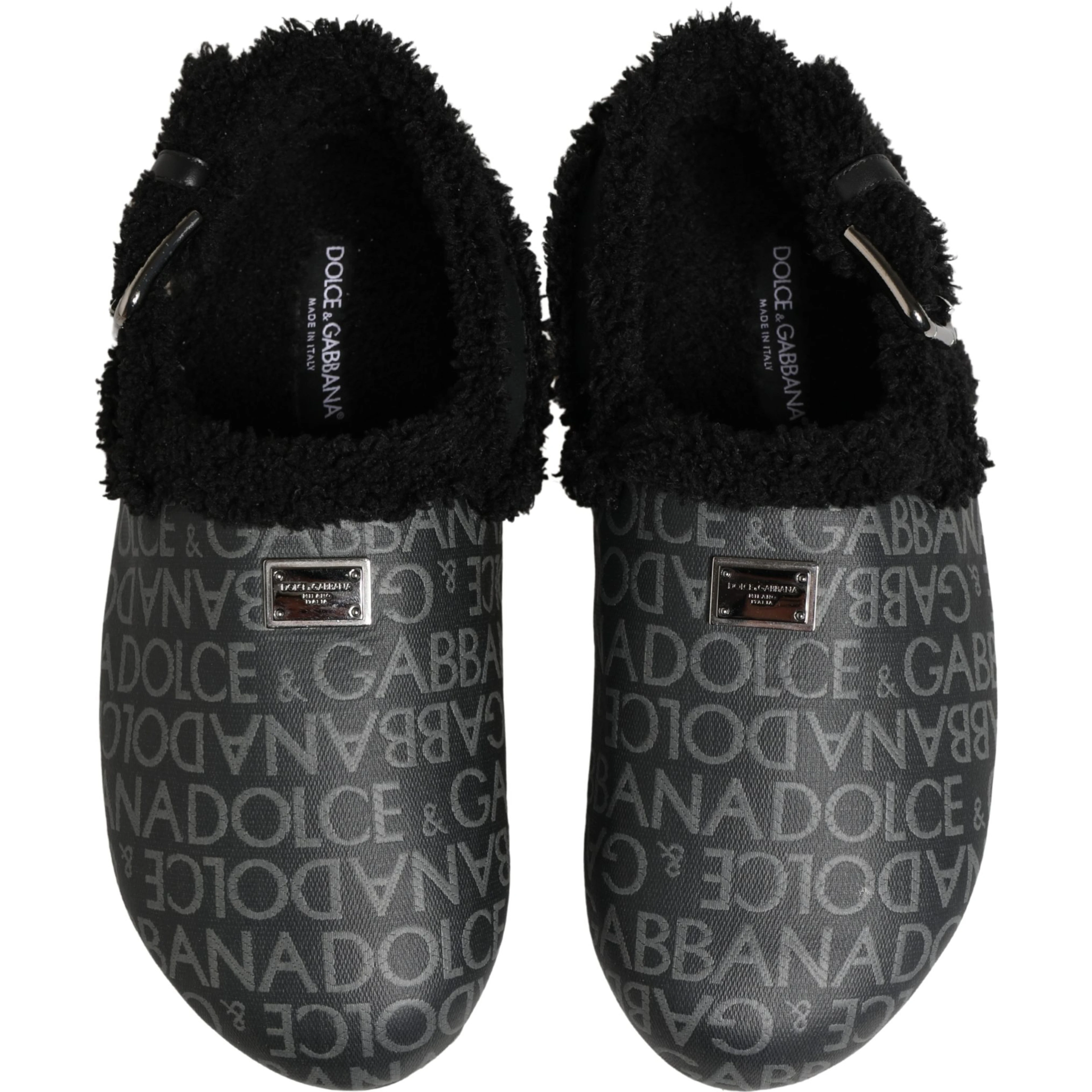 Gray Faux Fur Jacquard Mules Sandals Shoes