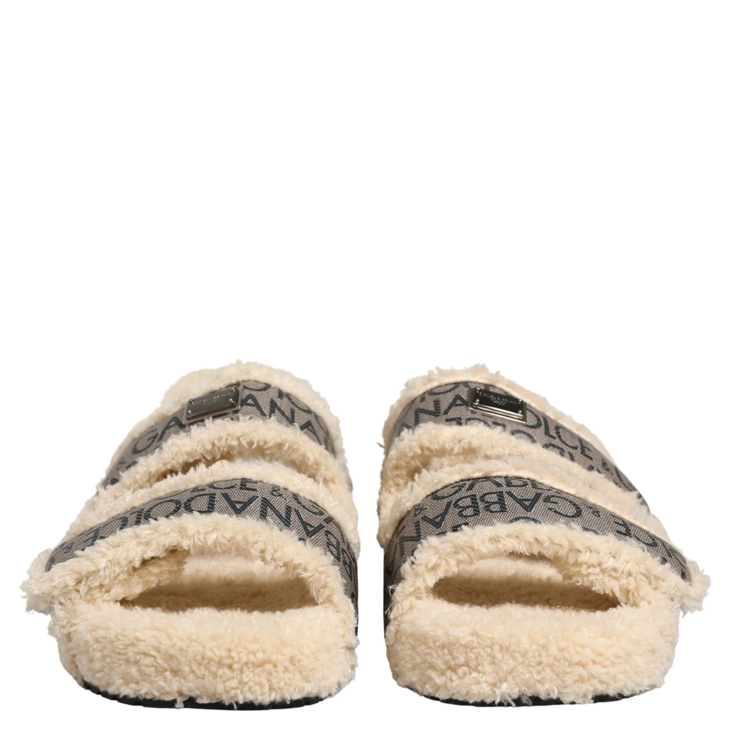 Beige Faux Fur Logo Print Flats Sandals Shoes
