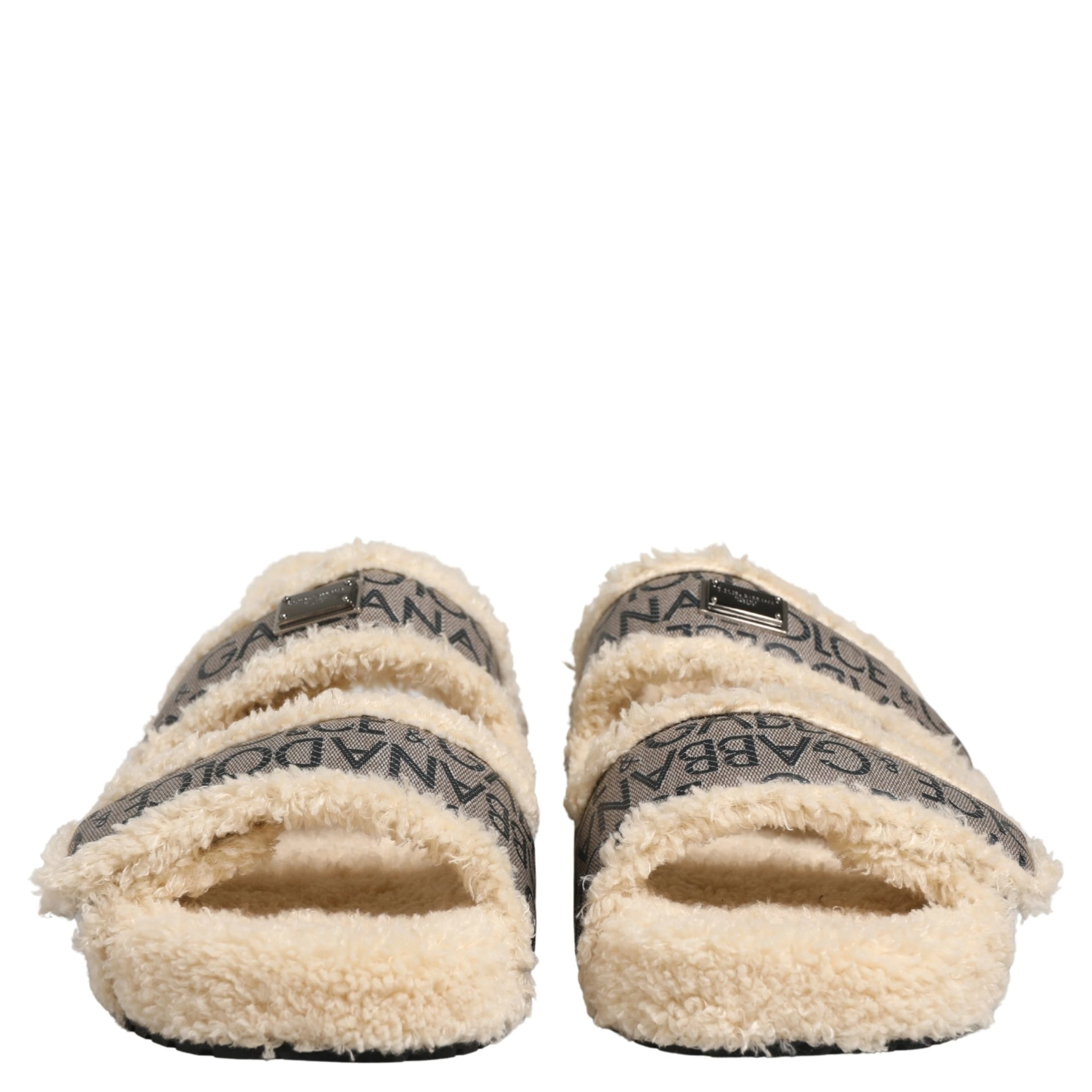 Beige Faux Fur Logo Print Flats Sandals Shoes
