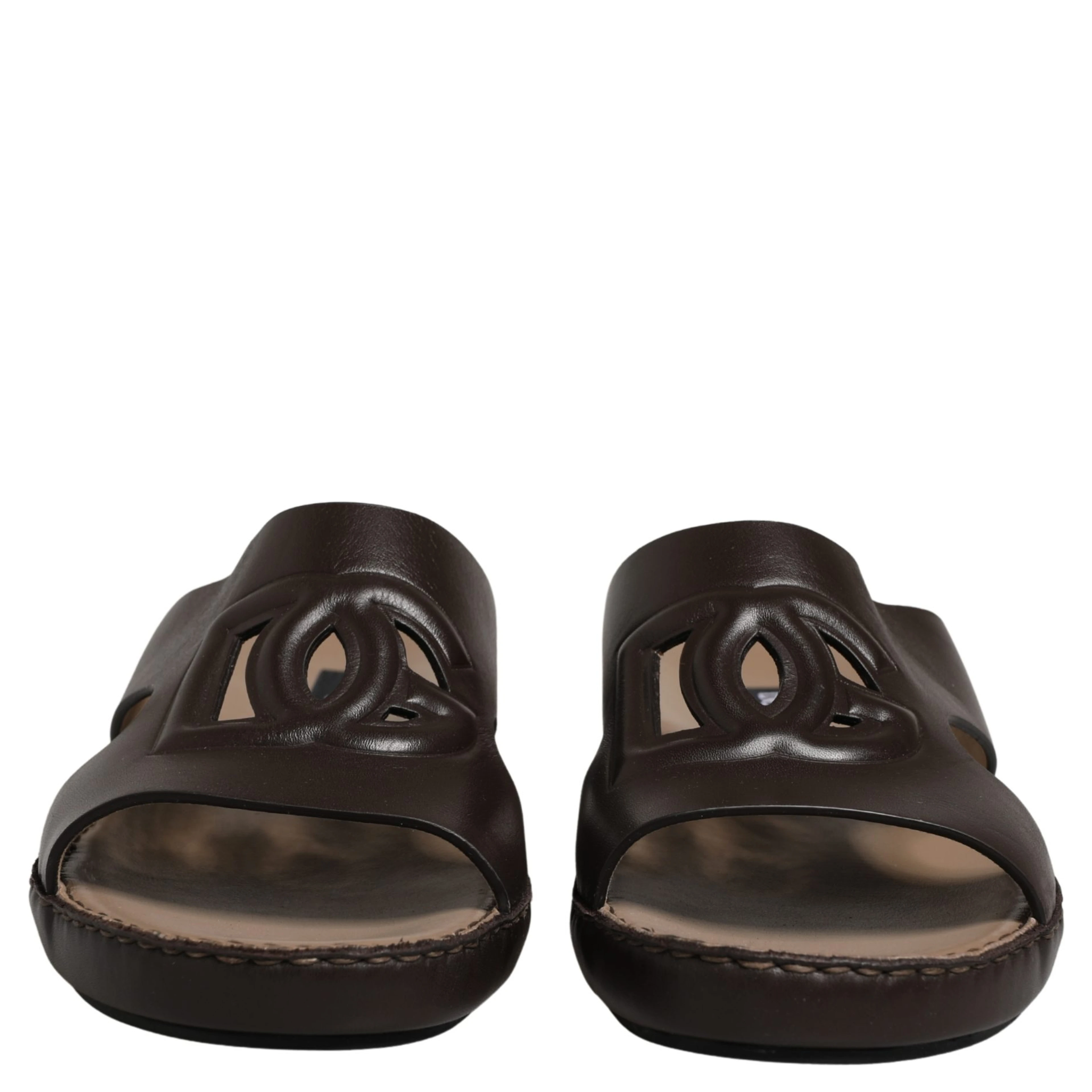 Brown Leather Cutout DG Logo Sandals Shoes