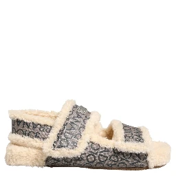 Beige Faux Fur Logo Print Flats Sandals Shoes