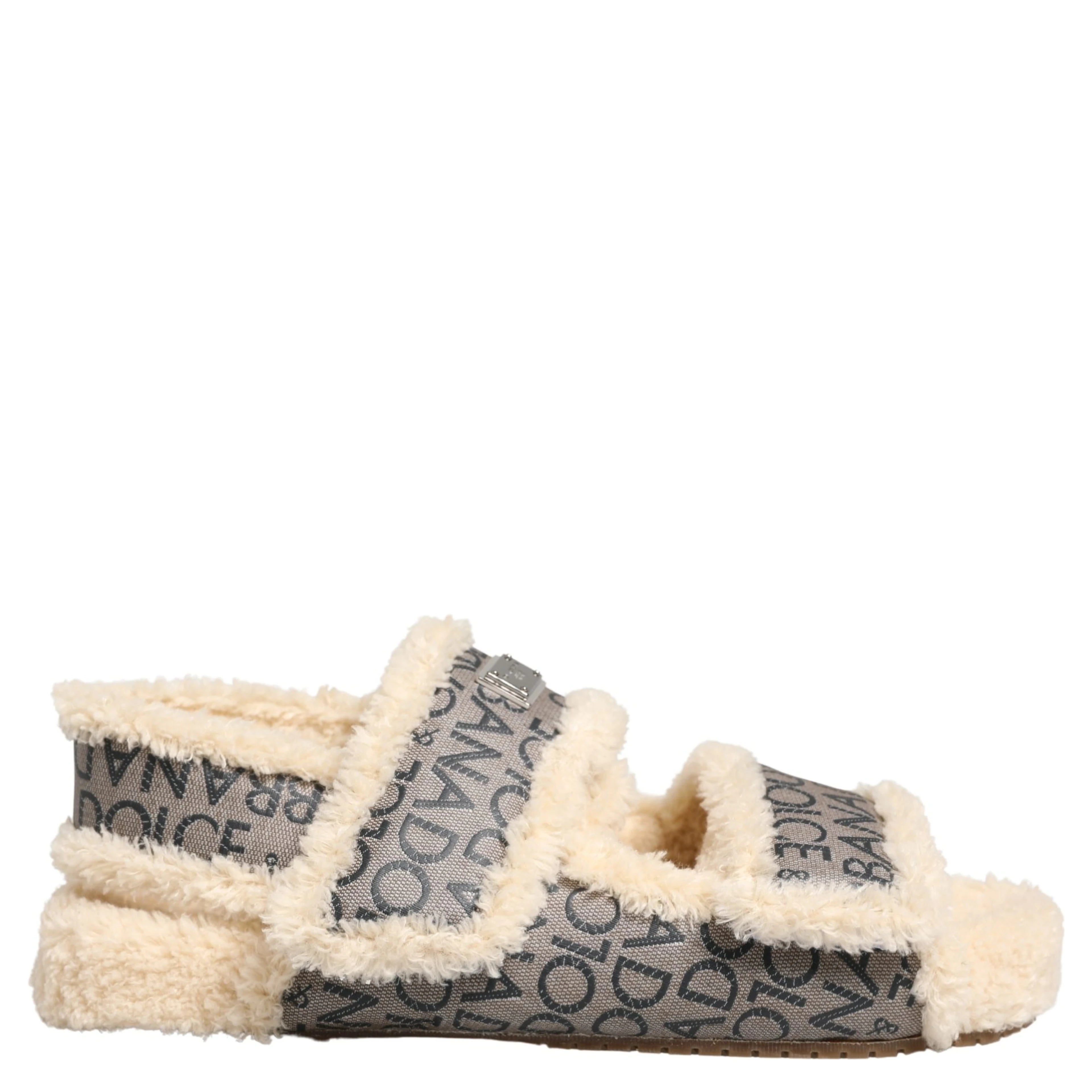 Beige Faux Fur Logo Print Flats Sandals Shoes