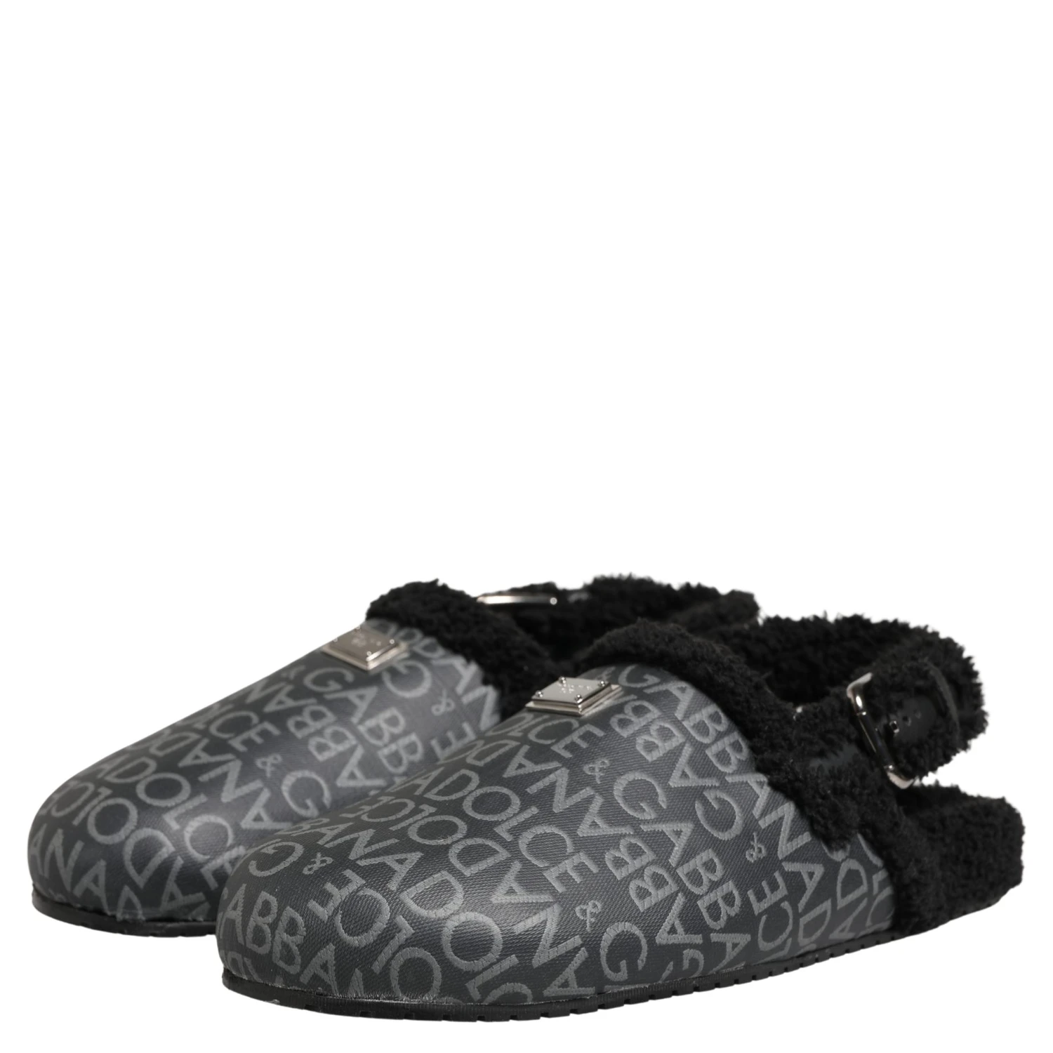 Gray Faux Fur Jacquard Mules Sandals Shoes