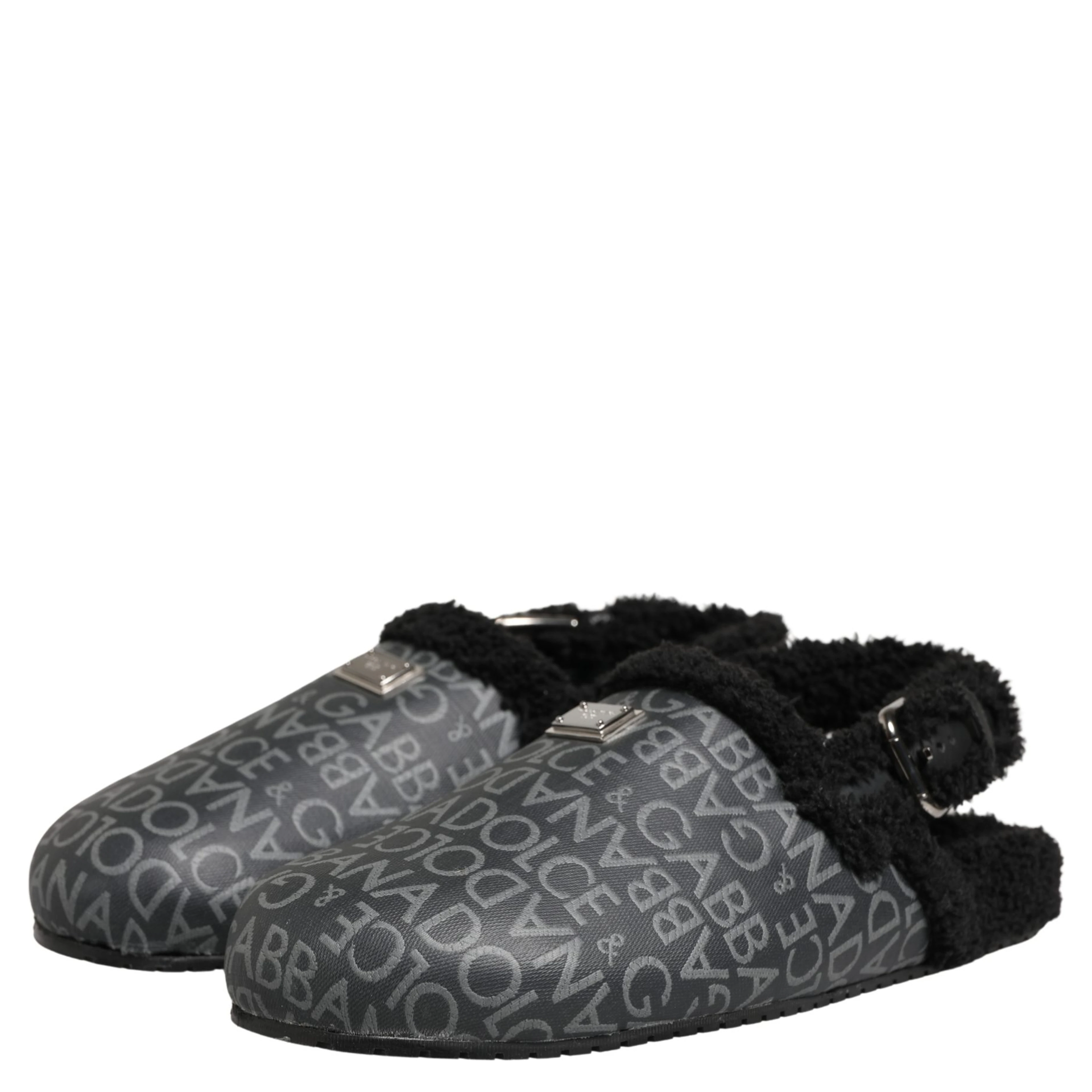 Gray Faux Fur Jacquard Mules Sandals Shoes