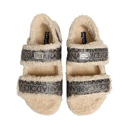 Beige Faux Fur Logo Print Flats Sandals Shoes