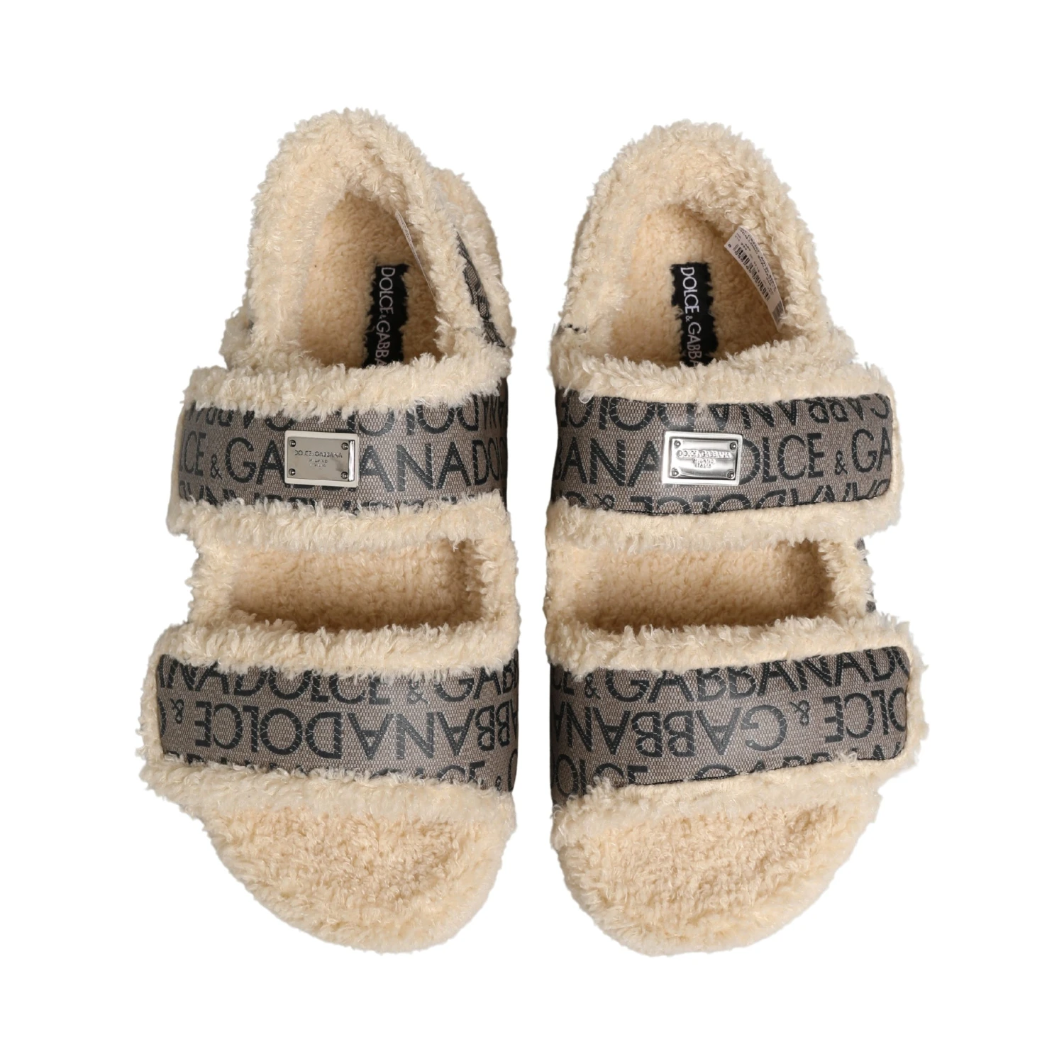 Beige Faux Fur Logo Print Flats Sandals Shoes