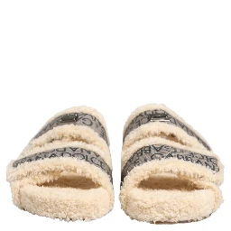 Beige Faux Fur Logo Print Flats Sandals Shoes