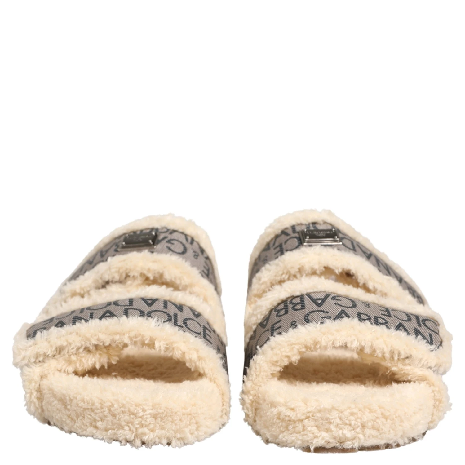 Beige Faux Fur Logo Print Flats Sandals Shoes
