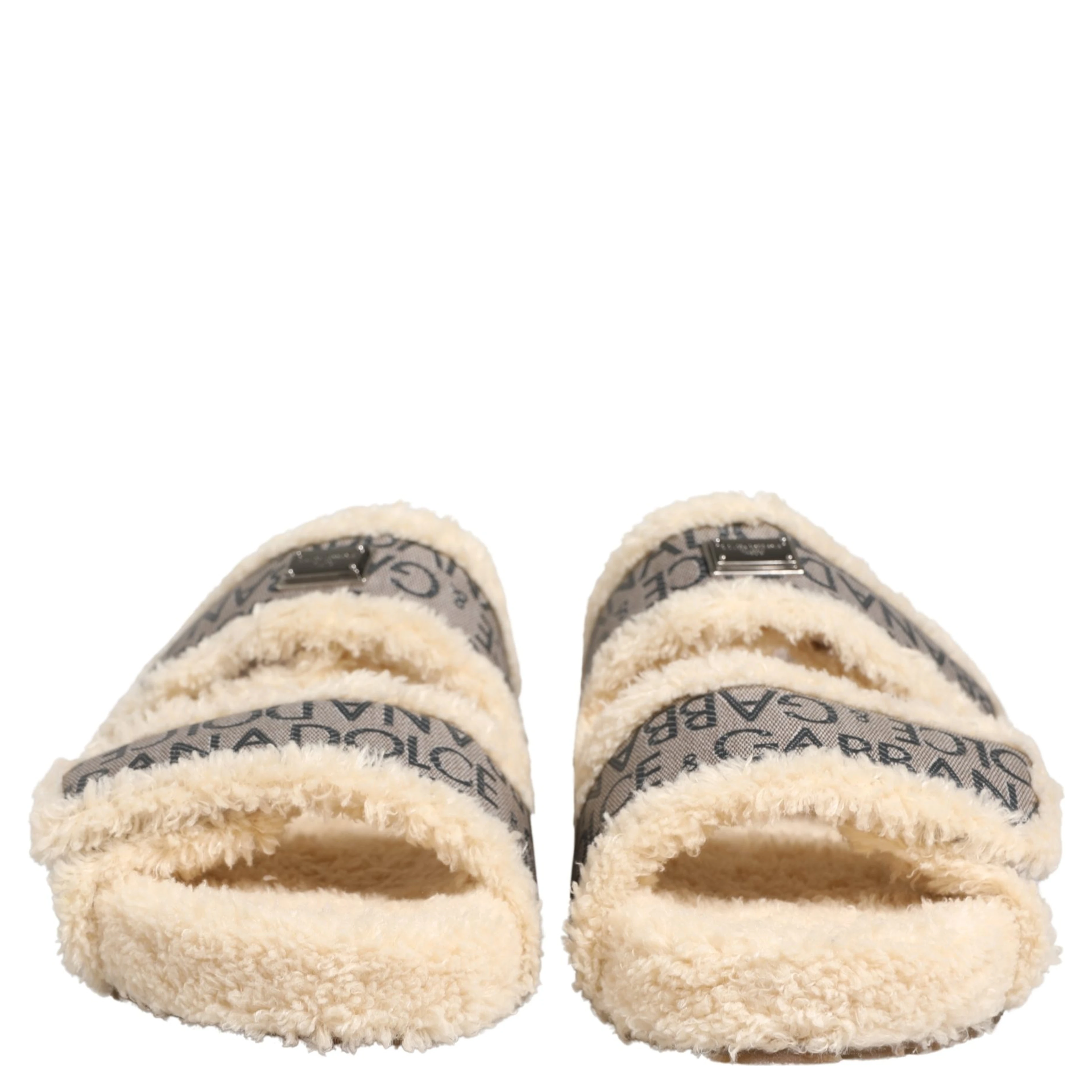 Beige Faux Fur Logo Print Flats Sandals Shoes