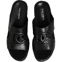 Black Leather Cutout DG Logo Sandals Shoes