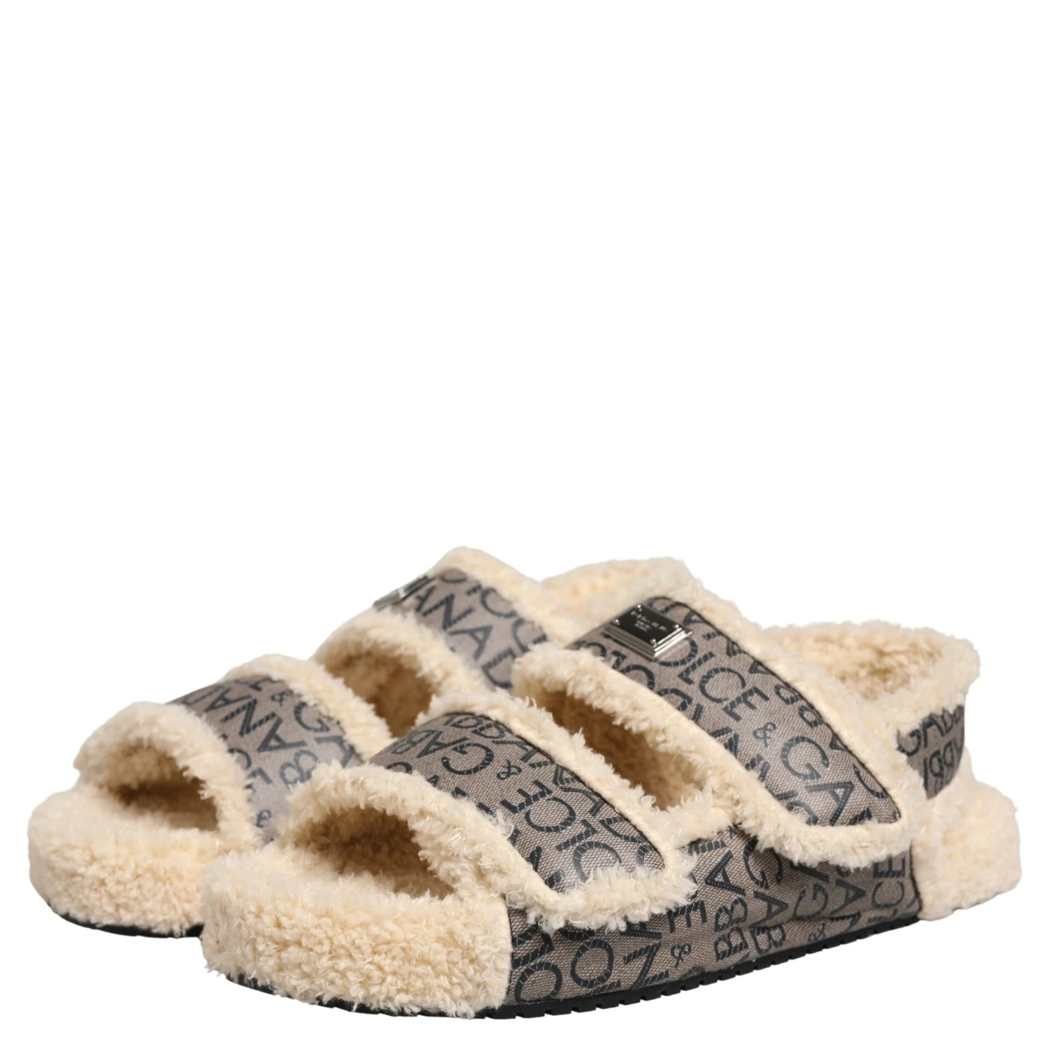 Beige Faux Fur Logo Print Flats Sandals Shoes