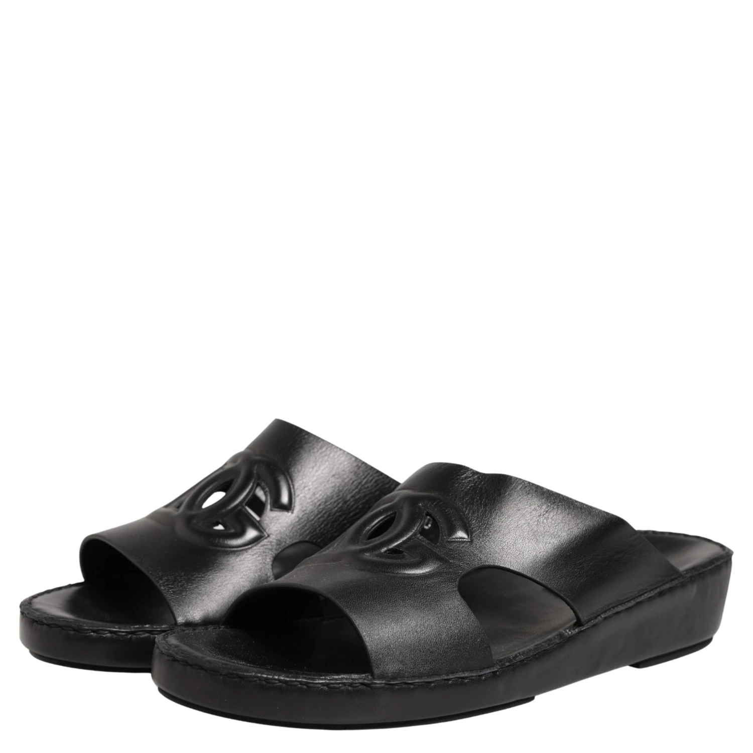 Black Leather Cutout DG Logo Sandals Shoes