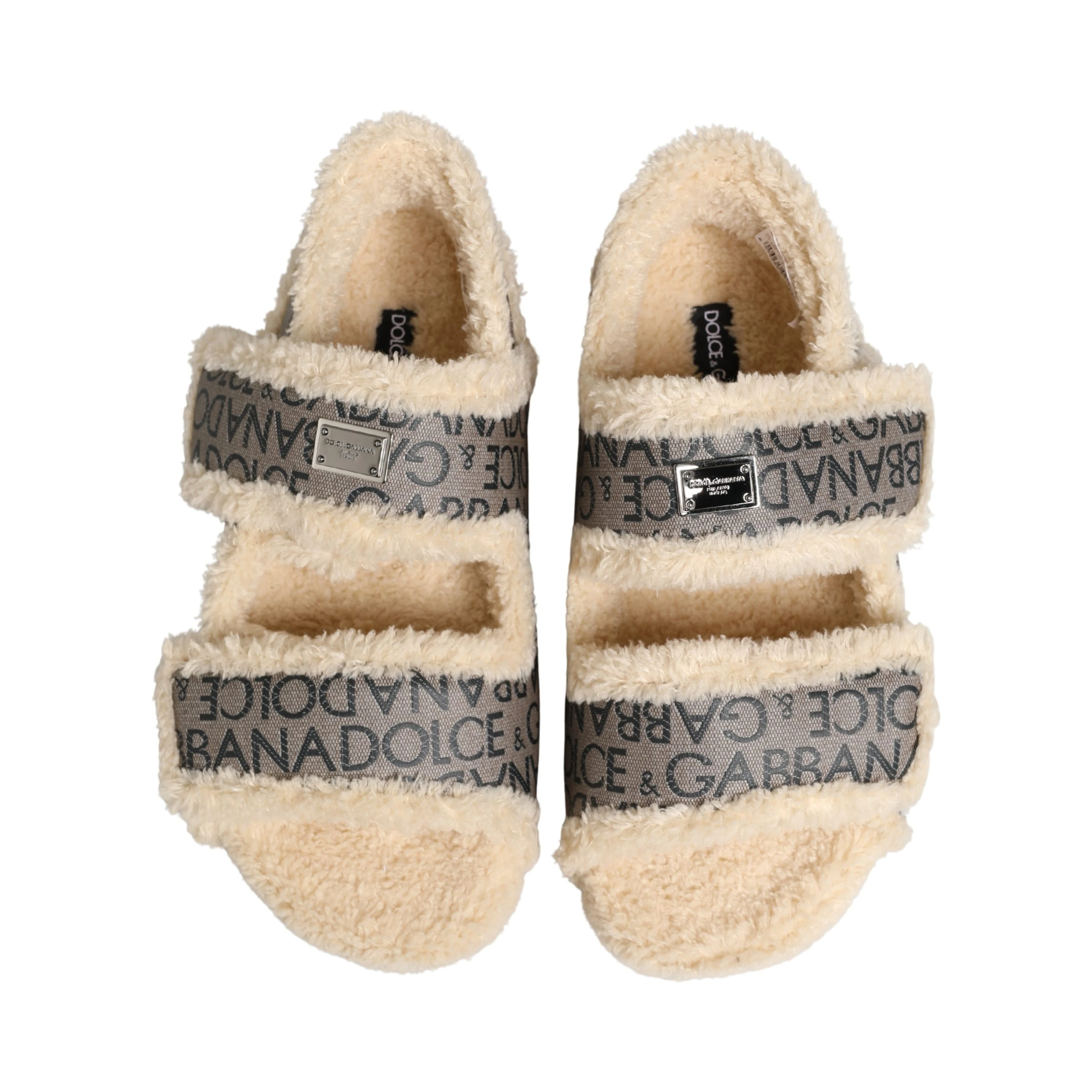 Beige Faux Fur Logo Print Flats Sandals Shoes
