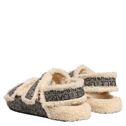 Beige Faux Fur Logo Print Flats Sandals Shoes