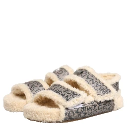 Beige Faux Fur Logo Print Flats Sandals Shoes