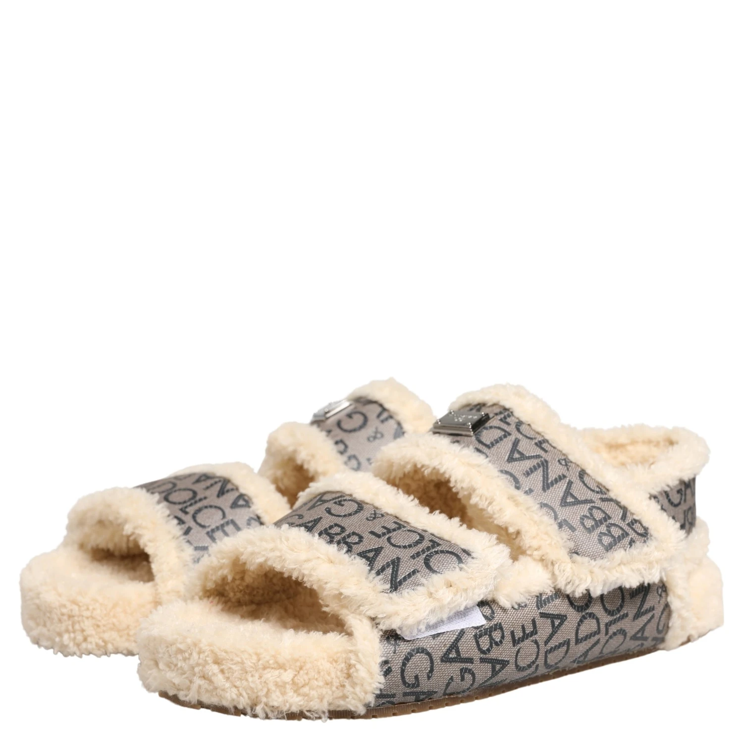 Beige Faux Fur Logo Print Flats Sandals Shoes