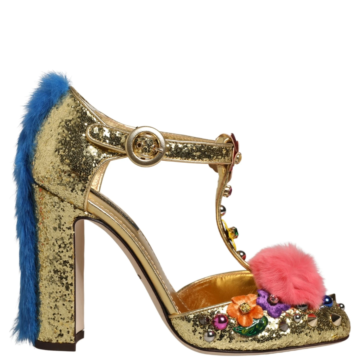 Gold Fur Trim Glitter T-strap Sandals Shoes