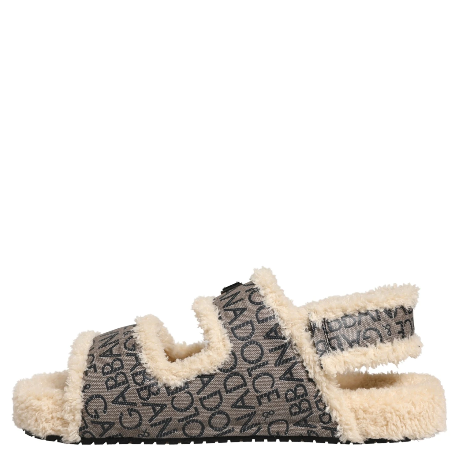 Beige Faux Fur Logo Print Flats Sandals Shoes