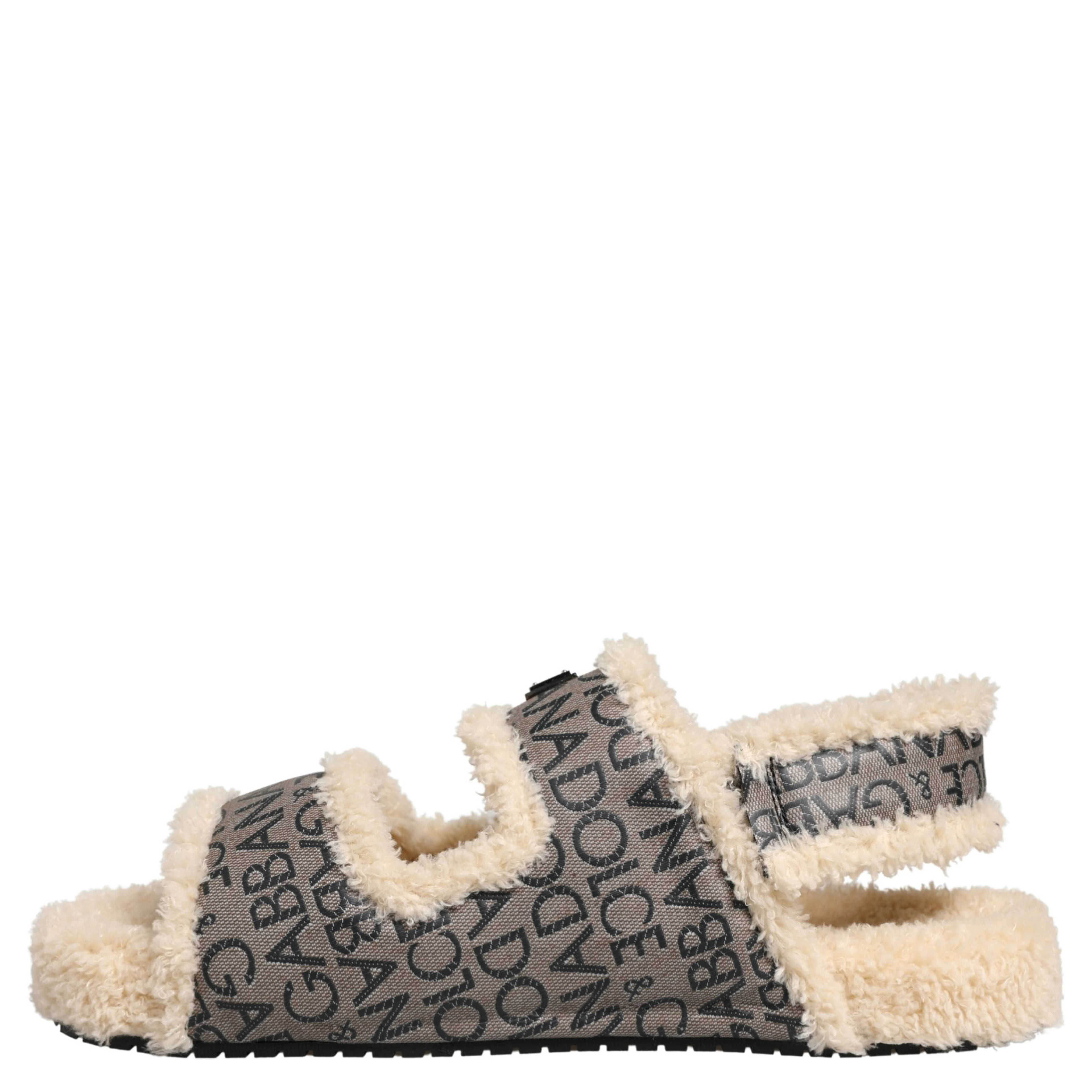 Beige Faux Fur Logo Print Flats Sandals Shoes