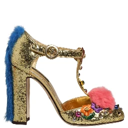 Gold Fur Trim Glitter T-strap Sandals Shoes