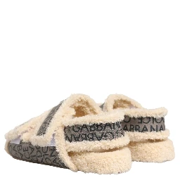 Beige Faux Fur Logo Print Flats Sandals Shoes
