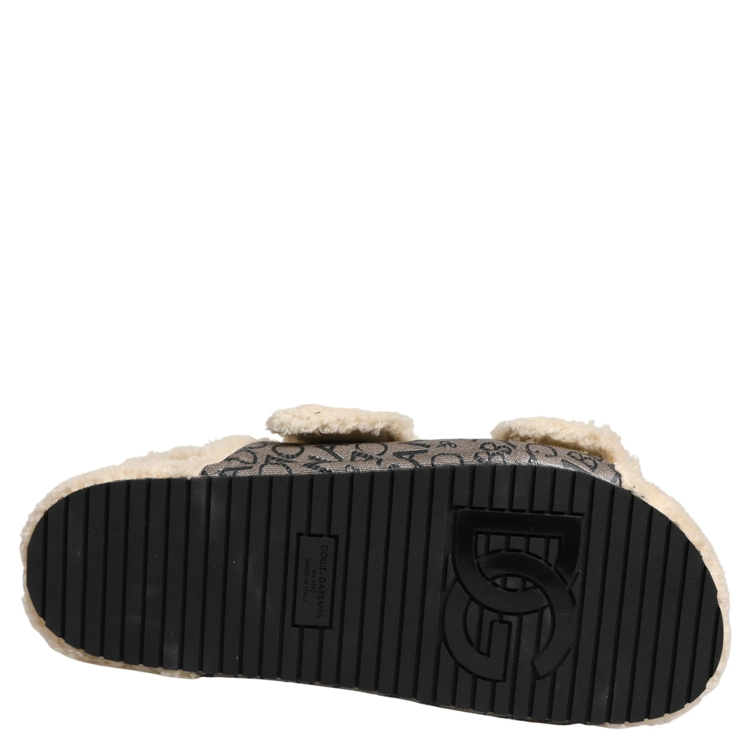 Beige Faux Fur Logo Print Flats Sandals Shoes