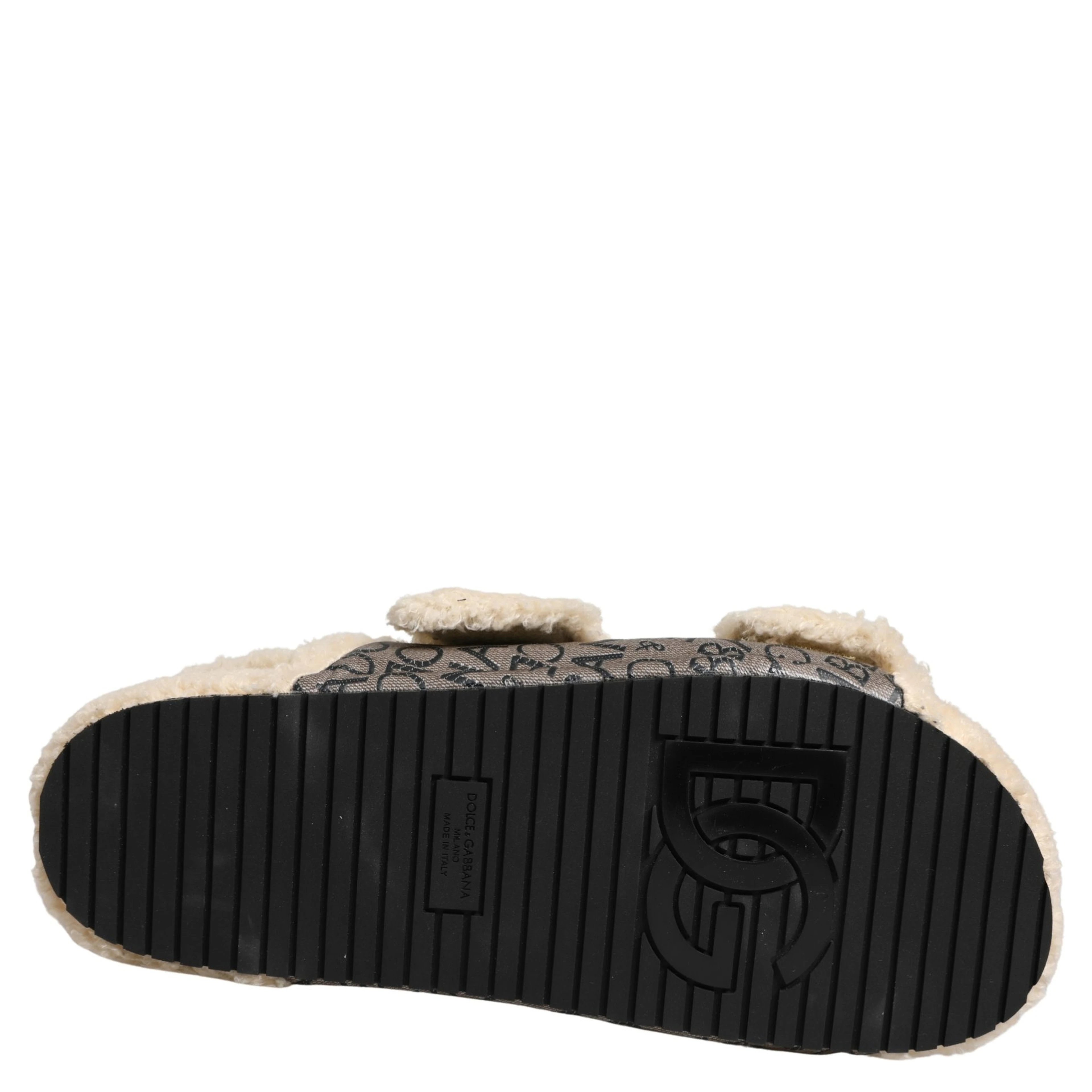 Beige Faux Fur Logo Print Flats Sandals Shoes
