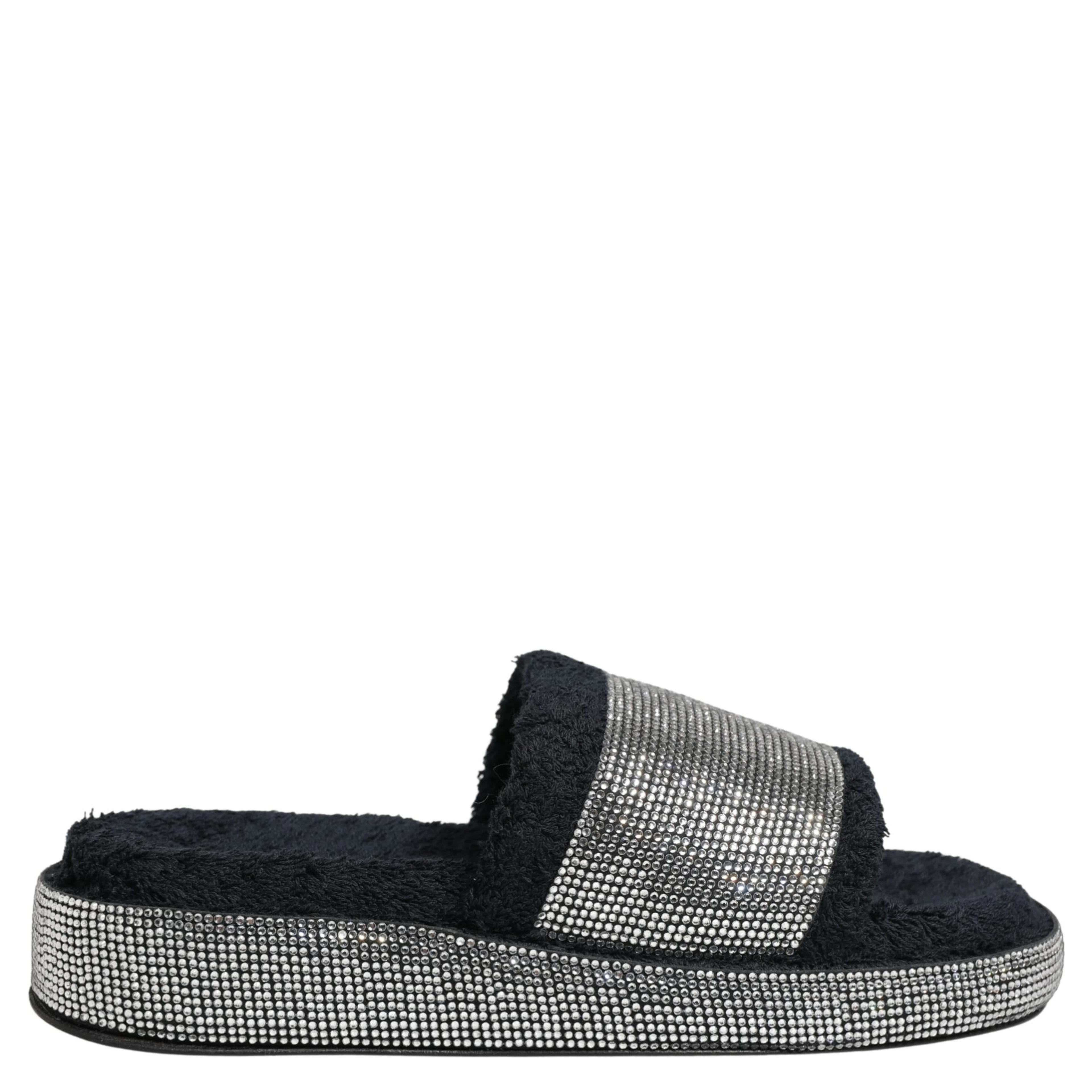 Black Crystal Embellished Platform Slides Shoes