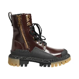 Maroon Leather Lace Up Biker Boots Shoes