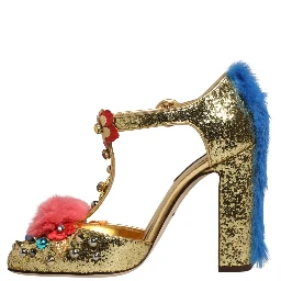 Gold Fur Trim Glitter T-strap Sandals Shoes