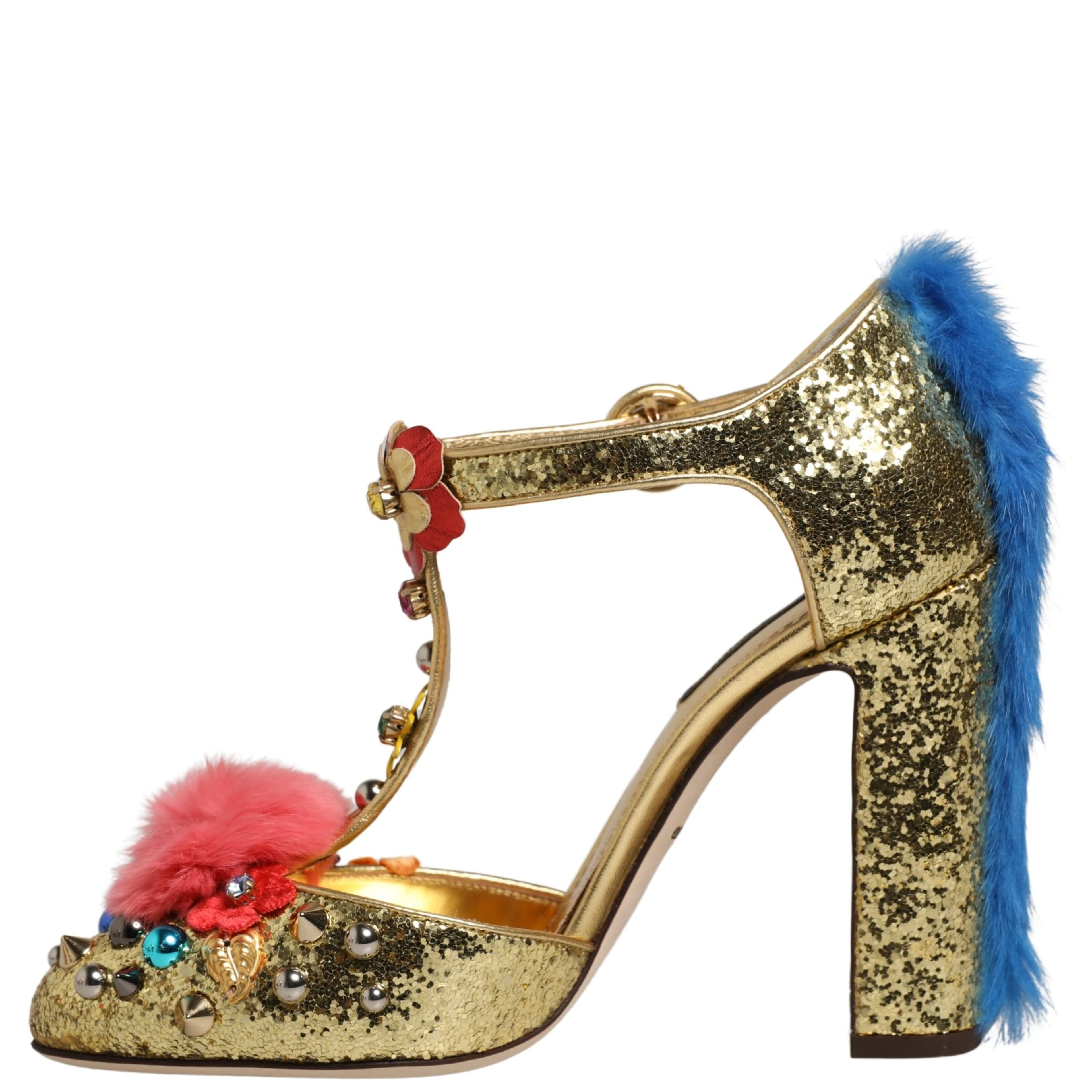 Gold Fur Trim Glitter T-strap Sandals Shoes