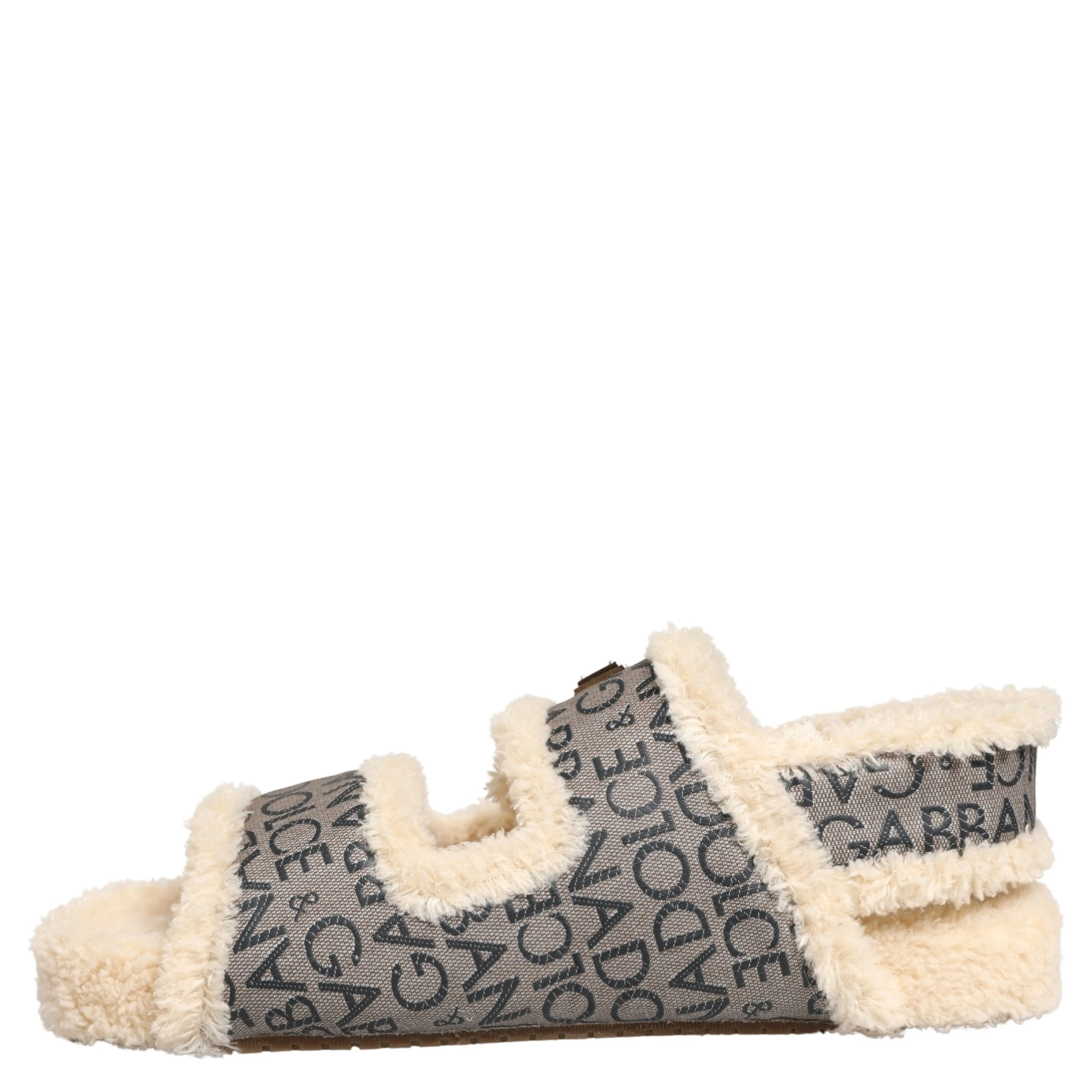 Beige Faux Fur Logo Print Flats Sandals Shoes