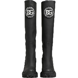 Black Rubberised Leather High Boots Shoes