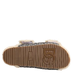 Beige Faux Fur Logo Print Flats Sandals Shoes