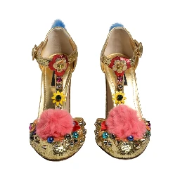 Gold Fur Trim Glitter T-strap Sandals Shoes
