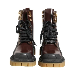 Maroon Leather Lace Up Biker Boots Shoes