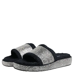 Black Crystal Embellished Platform Slides Shoes