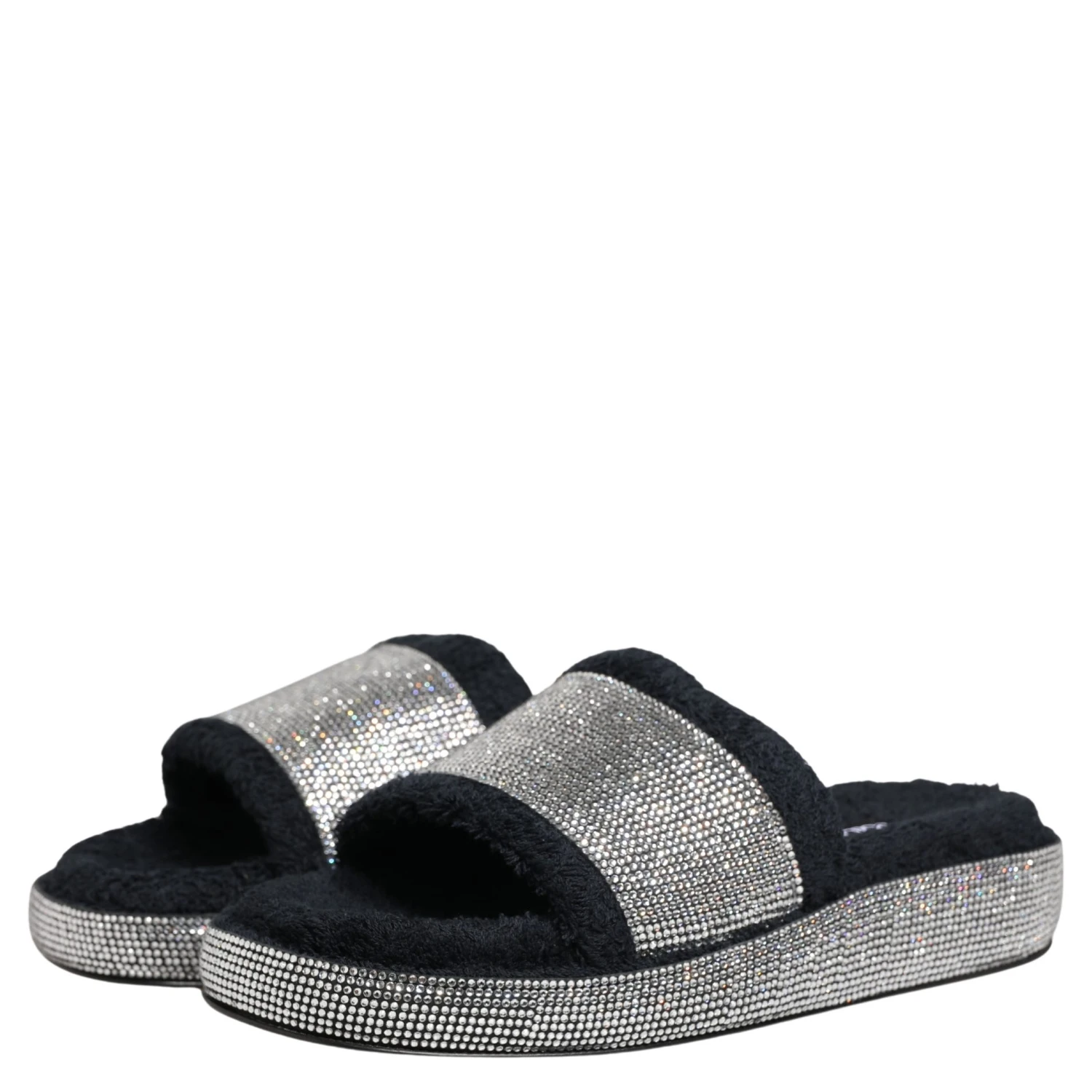 Black Crystal Embellished Platform Slides Shoes